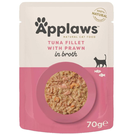 APPLAWS Natural – hrană umedă complementară pentru pisici, file de ton și creveți în supă, 70 g
